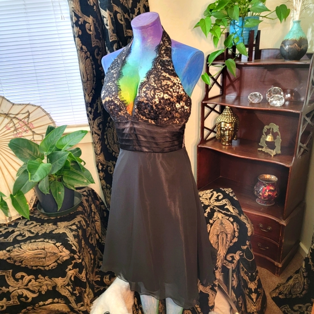 Elegant Cinderella Formal Gown Black and Gold Lace Haulter No Flaws Size 8